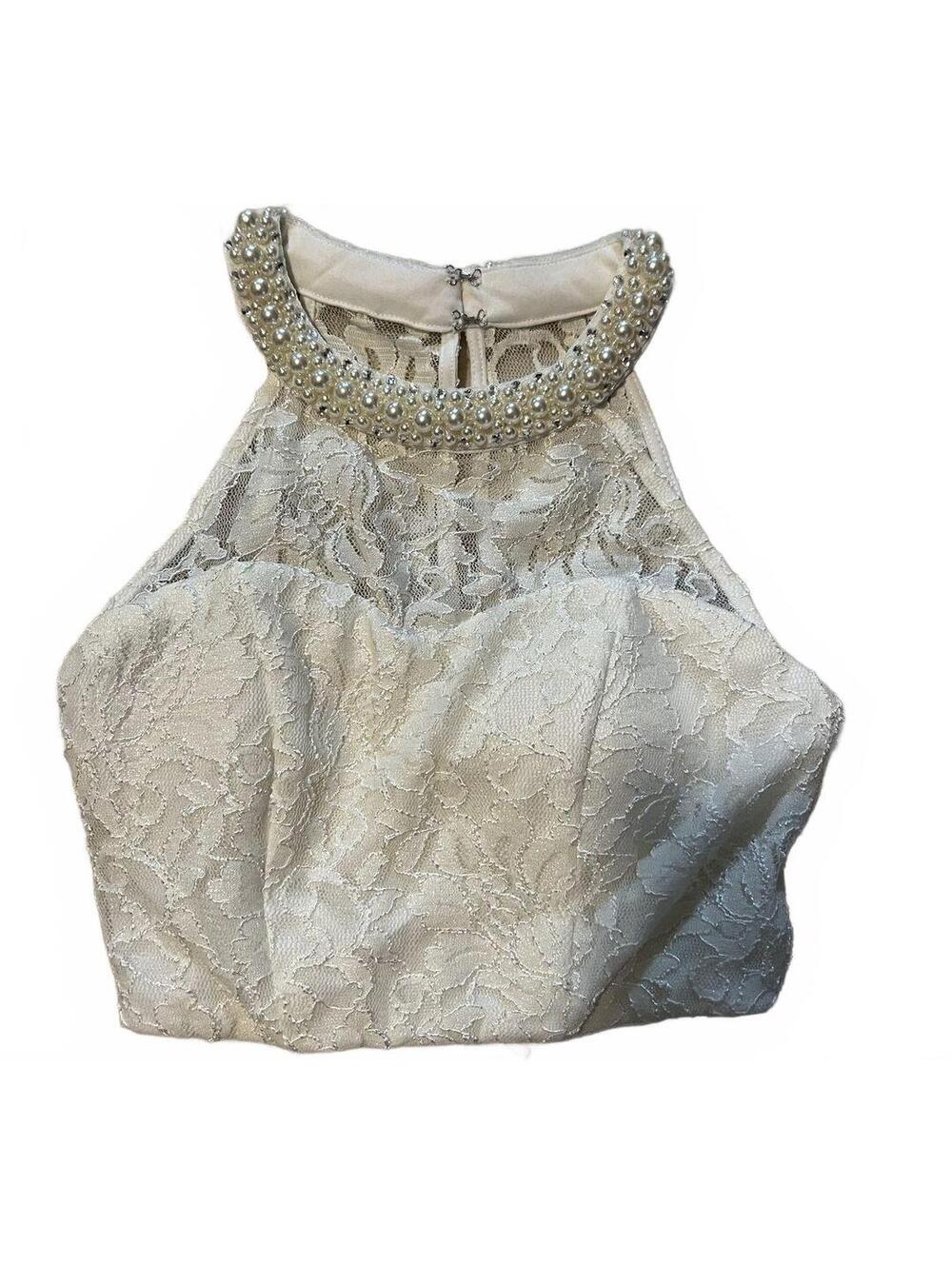 Speechless Women's Ivory Lace Halter Crop Top with Beaded Neckline Size 1